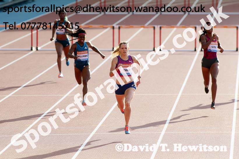 Eilidh Child on her way to winning the 400 metres hurdles at the Glasgow Diamond League. Photo: David T. Hewitson/Sports for All Pics